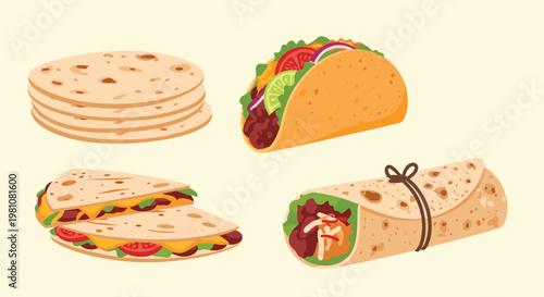 Delicious mexican food assortment includes tacos and burritos along with quesadillas and stacked corn tortillas for dinner.