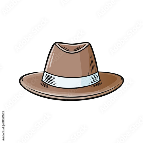 Classic brown fedora hat with white band, cartoon style, isolated illustration.