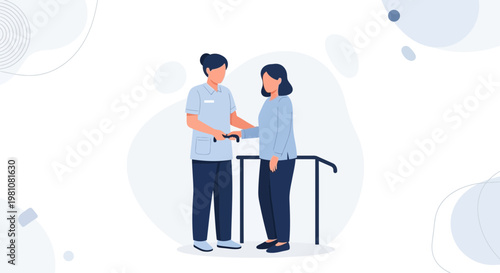 Physical therapist assisting elderly woman with walking frame for rehabilitation