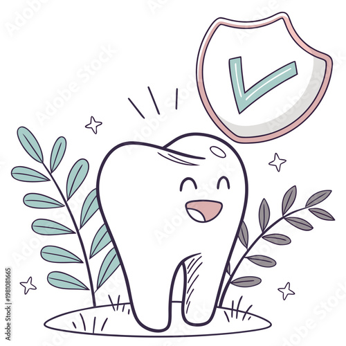 Cute cartoon happy tooth character with shield checkmark for dental protection