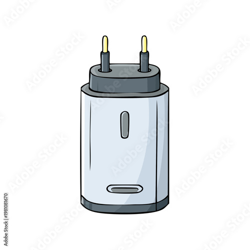 Cartoon illustration of a modern wall charger adapter with two prongs for power.