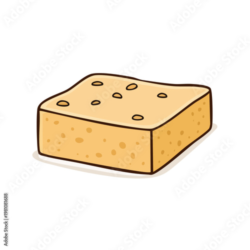 Hand-drawn illustration of a single slice of dense, porous bread or cake with a textured surface and scattered holes