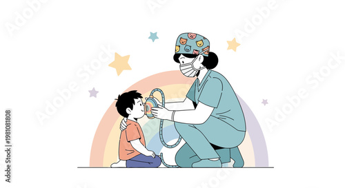 Pediatric Anesthesiologist Administering Anesthesia to Child Before Surgery with Rainbow Background