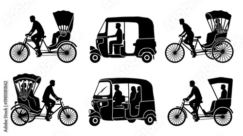 rickshaw silhouette vector set