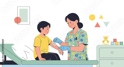 Pediatric nurse applying bandage to child's arm after vaccination in clinic examination room