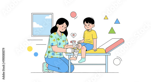 Pediatric nurse bandaging child's knee in clinic, healthcare concept