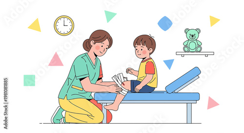 Pediatric nurse bandages child's leg on examination bed, teddy bear and clock