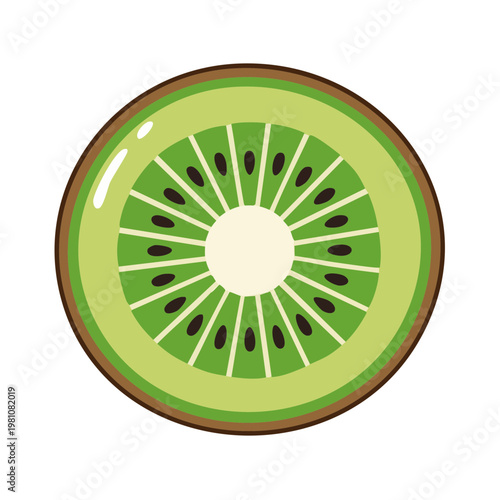 Cross-section of a ripe kiwi fruit showing green flesh and black seeds