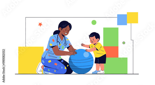 Pediatric Physical Therapist Helping Child with Exercise Ball in Therapy Session
