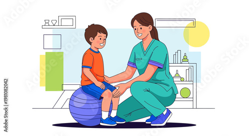 Pediatric Physical Therapy: Child Exercising with Stability Ball and Therapist
