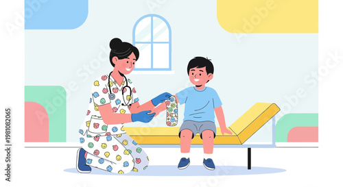 Pediatrician Applying Bandage to Child's Arm in Clinic Exam Room