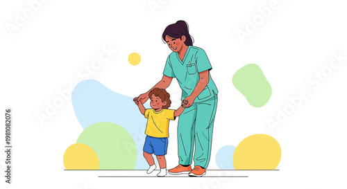 Pediatric Physical Therapy: Nurse Assists Child in Walking, Promoting Recovery and Development