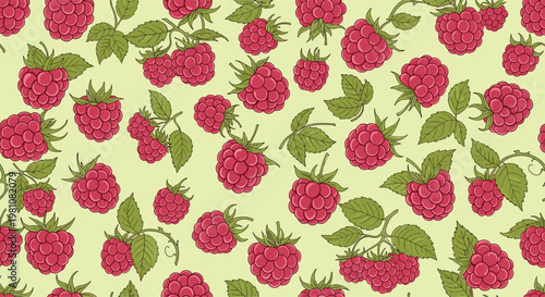 Dense pattern of pink raspberries and green leaves creates a vibrant and delicious fruit theme on a light yellow background.