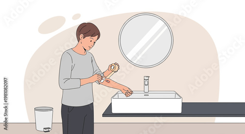 Person applying bandage to arm after medical procedure, bathroom setting