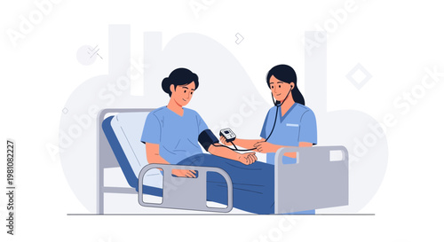 Nurse checking patient's blood pressure in hospital bed, medical checkup illustration