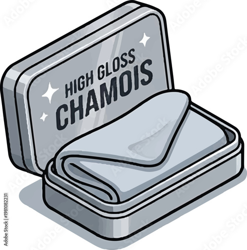 High Gloss Chamois Cloth Premium Silver Tin Case Open with Folded Gray Towel Cartoon Vector Illustration 