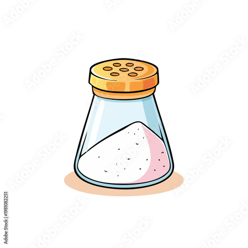 Glass salt shaker with white crystalline granules and perforated metal cap