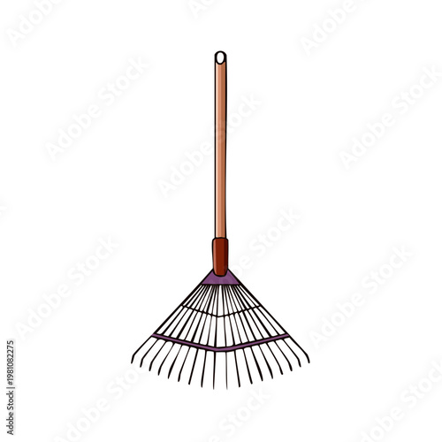 Gardening Tool With Wooden Handle and Fan-Shaped Metal Tines for Raking Leaves and Debris