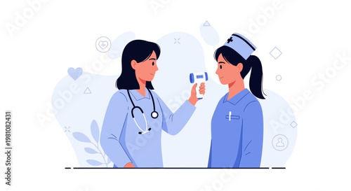 Doctor checking nurse's temperature with infrared thermometer, medical checkup concept