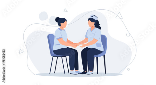 Nurse comforting patient, holding hands, empathy, care, support, medical help, illustration