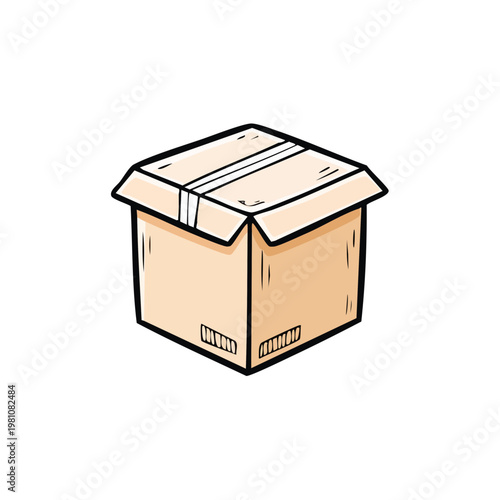 Hand drawn illustration of a closed cardboard shipping box with tape sealing the top flap