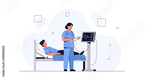 Nurse monitors patient on hospital bed with vital signs monitor