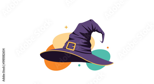 Pointed purple witch hat with a golden buckle sits atop colorful circles of orange and teal for a festive halloween theme.