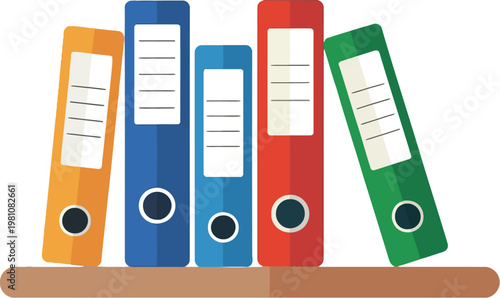 Colorful Office Binders on Shelf in Modern Workspace Setting, Organized Documents Storage, Corporate Filing System Concept, Office Interior Illustration for Productivity, Business, and Workspace Desig