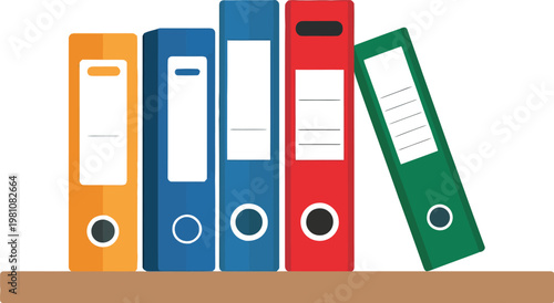 Colorful Office Binders on Shelf in Modern Workspace Setting, Organized Documents Storage, Corporate Filing System Concept, Office Interior Illustration for Productivity, Business, and Workspace Desig