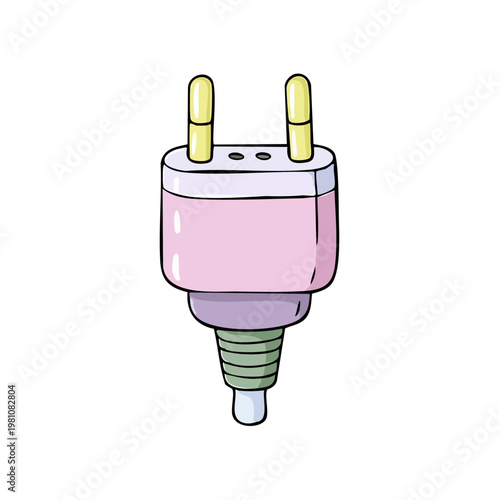Simple cartoon illustration of a pink electrical plug with two yellow prongs