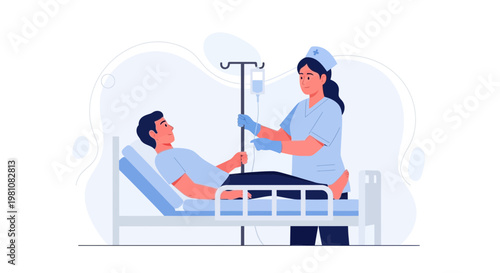 Nurse Administering IV Drip to Patient in Hospital Bed - Medical Care Illustration