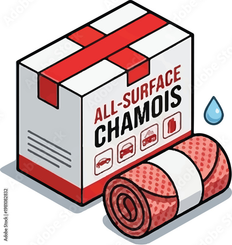 All Surface Chamois Cloth White Red Packaging Box with Rolled Red Dotted Towel Cartoon Vector Illustration