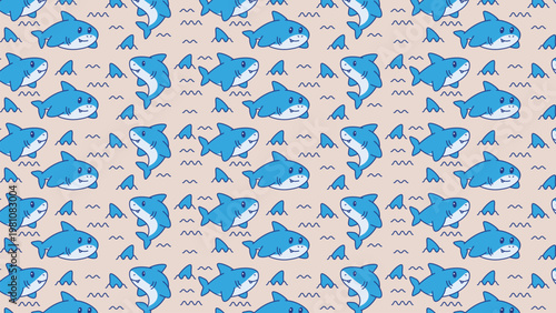 Blue sharks swim happily in playful ocean waves. Simple cartoon style gives cheerful, lighthearted vibe. Ideal for children's books or ocean-themed designs. Cartoon sharks appear curious and friendly