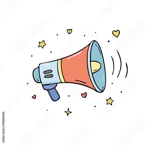 Hand drawn megaphone with hearts and stars announcing good news or promotion