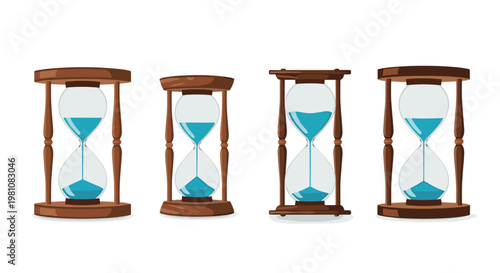 Set of four hourglasses with blue sand show different stages of time passing inside their classic wooden and glass frames.