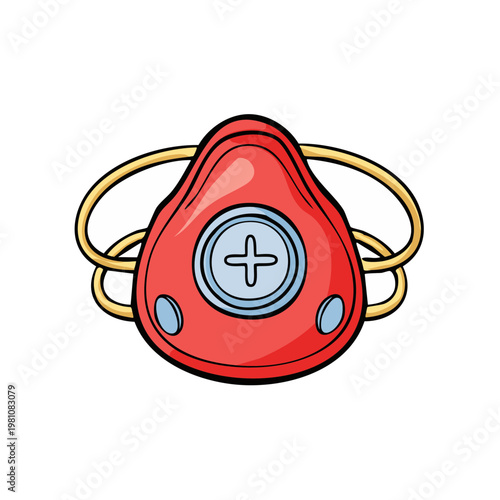 Red protective face mask with circular filter and straps isolated illustration