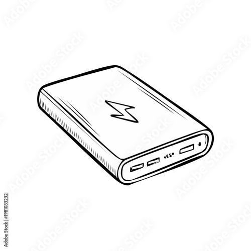 Hand-drawn illustration of a portable power bank with lightning bolt symbol and USB ports