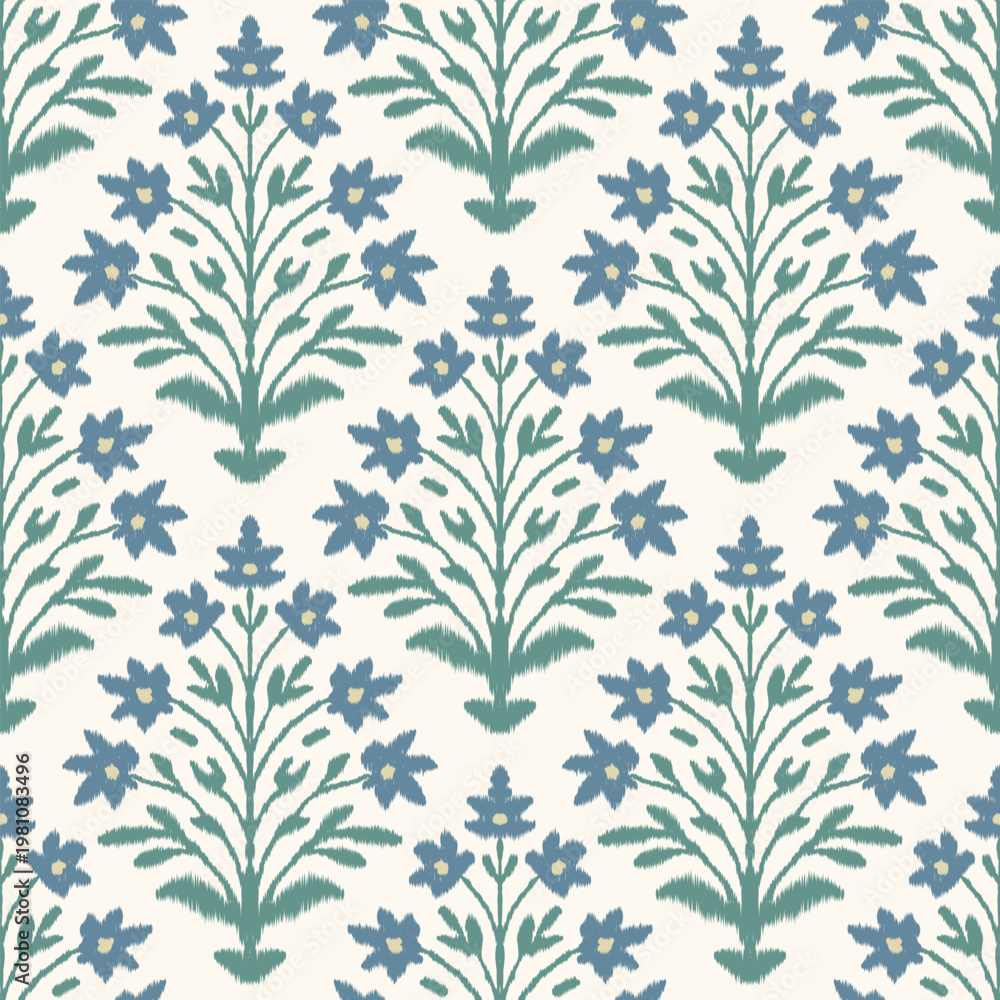 Fototapeta premium Seamless floral pattern with folk blue flowers and green leaves in textured ikat style on cream background, botanical repeat design for fabric textile wallpaper wrapping paper.