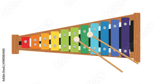 Colorful toy xylophone with wooden frame and multi colored metal bars comes with two mallets for children to play music.