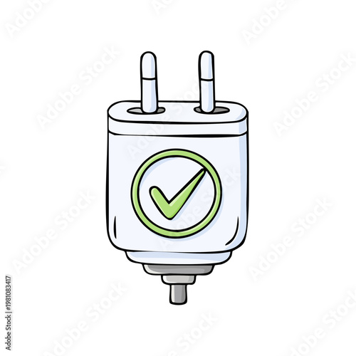 White electrical plug with green checkmark symbol indicating approval or charging success