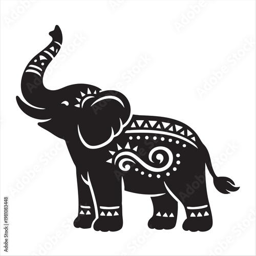 Ornate Elephant Silhouette Vector, Illustration, with Tribal, Mandala Patterns.