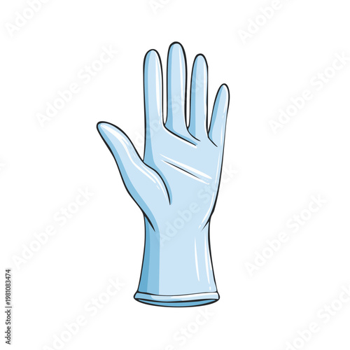 Illustration of a single pale blue disposable latex glove raised with fingers spread