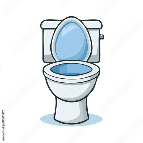 Illustration of a clean white toilet with a blue seat and lid open