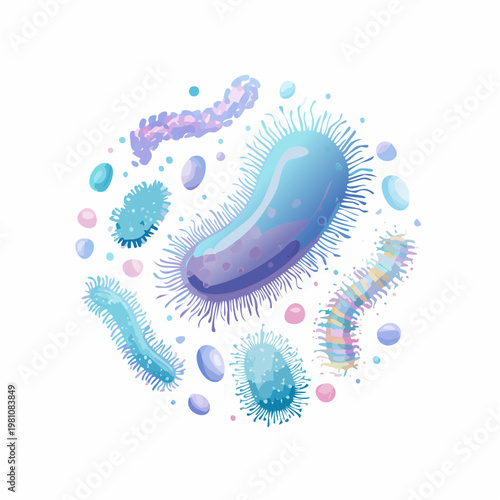 Microscopic world illustration of various types of colorful bacteria and germs