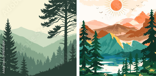 Scenic landscape paintings featuring pine trees and majestic mountain ranges