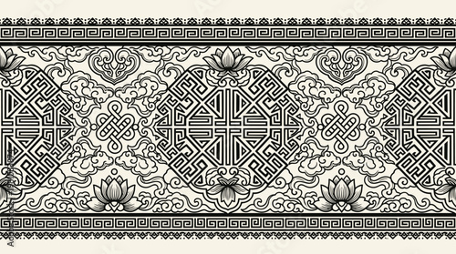 Ornamental Pattern: A detailed illustration of an ornamental pattern in monochromatic tones, showcasing intricate designs and symmetrical arrangements, ideal for decorative purposes.