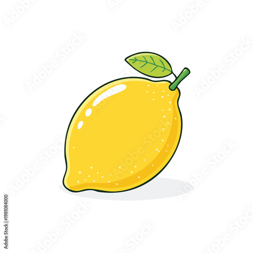 Bright yellow lemon with a green leaf and stem isolated on a white background