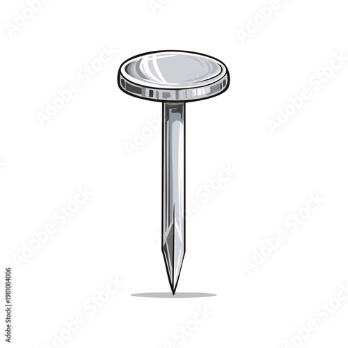 Shiny Metal Thumbtack Piercing Surface with Sharp Point and Round Head