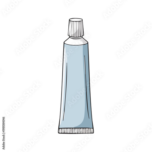 Hand drawn illustration of a light blue squeeze tube with a ribbed cap and base on a white background