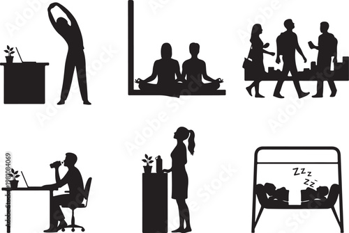 Black silhouettes of people in various office settings